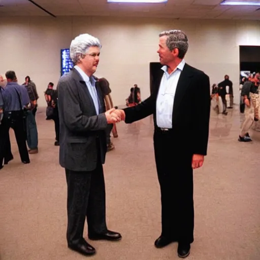 Prompt: george lucas and george w. bush meeting at a starwars convention, photography, realistic, realism, photorealism