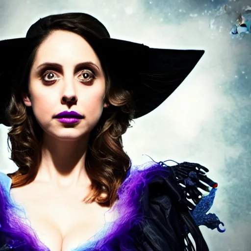 Prompt: Beautiful Alison Brie as a witch, in spooky and dark with den, lit by purple and blue flames, Symmetrical face, symmetrical eyes