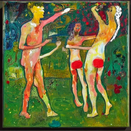 Image similar to 4 peoples dancing in the garden of eden, happy, painted by Asger Jorn, 8k, Peter Doig, minimalist oil paint with thick brushstrokes of paint, ultra detailed, realistic, small spot of thick melting paint drips all over