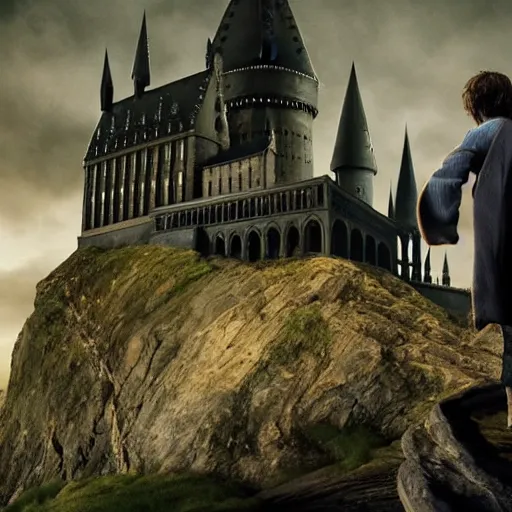 Image similar to Harry potter standing and casting a wand, back view, thunderclouds, cinematic shot, wide shot, epic scale, waving robe movement, photorealistic detail and quality, intricate ground stone, magical sigils, floating particle effects, movie still, nighttime, crescent moon, sharp and clear, action shot, intense scene, visually coherent, symmetry, rule of thirds, movement, photorealistic colors, cool colors transitioning to warm colors, award winning, directed by Steven Spielberg, Christopher Nolan, Tooth Wu, Asher Duran, Greg Rutkowski