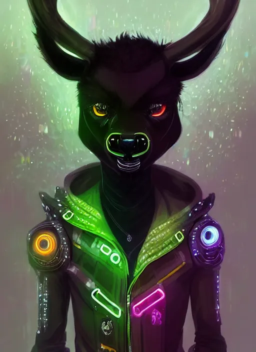 Image similar to award winning beautiful portrait commission of a male furry anthro Black Reindeer cyberpunk fursona with a tail, wings, wings, wings and a cute beautiful attractive detailed furry face wearing stylish black and rainbow galaxy clothes, outline, in a cyberpunk city at night while it rains. Character design by charlie bowater, ross tran, artgerm, and makoto shinkai, detailed, inked, western comic book art