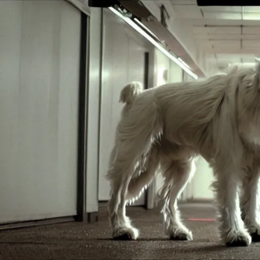 Image similar to movie still of robot white swiss shepperd dog cyborg, cinematic composition, cinematic light, criterion collection, by edgar wright