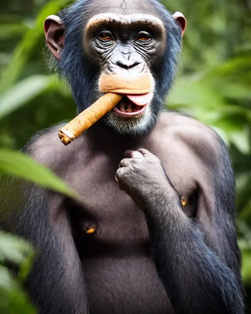 Image similar to gold, blue, photo of a chimpanzee as indiana jones solving a puzzle, big cigarre in mouth, 8 k, 8 5 mm f 1. 8