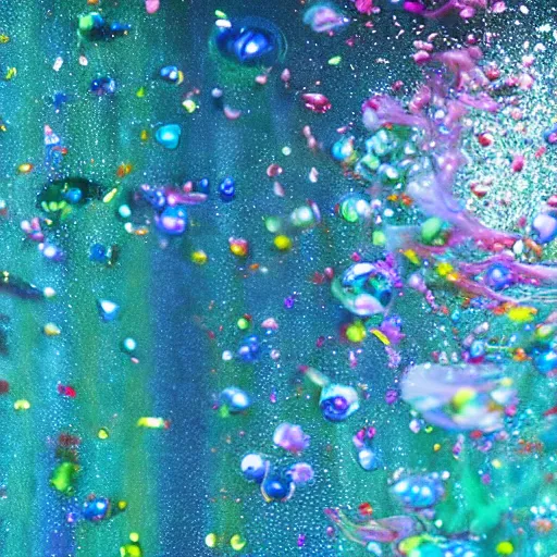 Image similar to glitter and painting mixing underwater turbulence, macro-photography, slow-motion capture