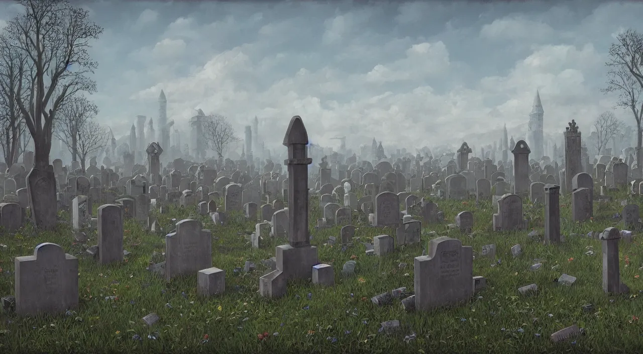 Prompt: graveyard, masterpiece by dariusz zawadzki and simon stalenhag and rene magritte, full - size, graves in the background