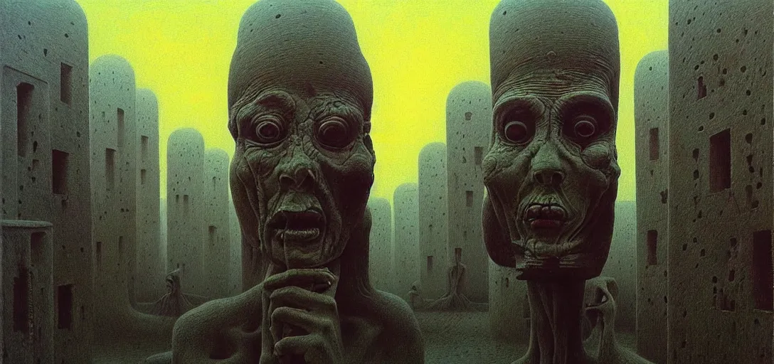 Image similar to highly detailed horror dystopian surreal painting of eerie head statues and buildings by zdzisław beksinski