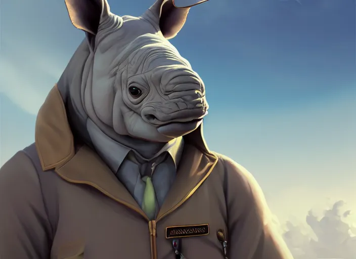 Image similar to character portrait feature of the anthro male anthropomorphic rhino fursona wearing airline pilot outfit uniform professional pilot character design stylized by charlie bowater, ross tran, artgerm, and makoto shinkai, detailed, soft lighting, rendered in octane, maldives in background