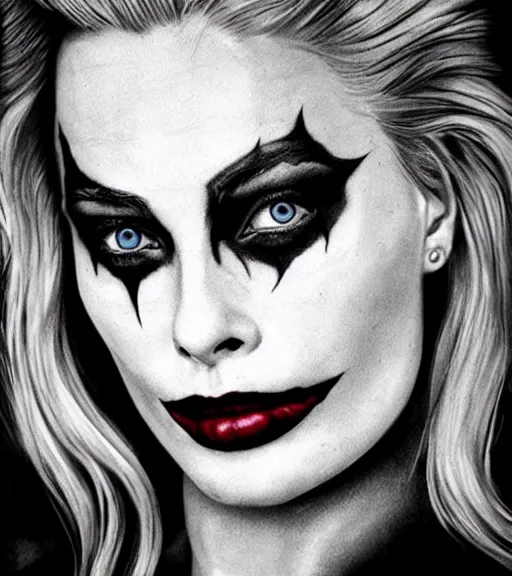 Image similar to tattoo design sketch of beautiful margot robbie portrait with joker makeup, in the style of den yakovlev, realistic face, black and white, realism tattoo, hyper realistic, highly detailed