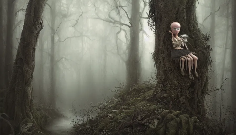 Image similar to a single lonely scared dollpunk female hiding in a eerie foggy forest, detailed, omnious atmosphere, symmetry body features, award winning, by Tom Bagshaw