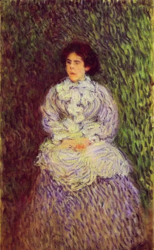 Image similar to claude monet! portrait, lady!! looking at us! brown fuzzy hair!