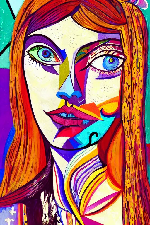 Prompt: colorful illustration of bohemian girl, artistic, eclectic, highly detailed, digital painting, concept art, smooth, sharp focus, illustration, art by picasso