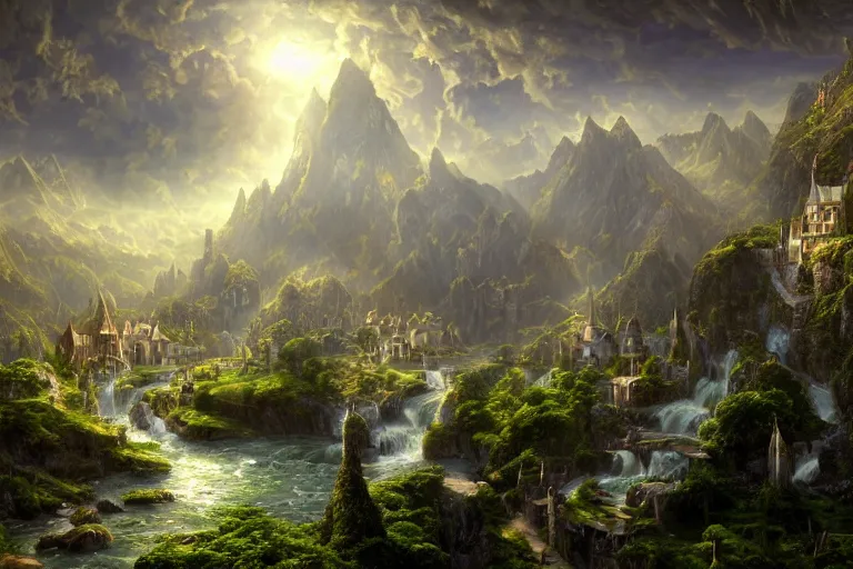 Image similar to An elven village surrounded by white monoliths surging with magic at the bottom of green hills with a river running through it, clear blue skies in the background, by Thomas Kincade, Richard Sigamani, 8k photorealistic, cinematic lighting, HD, high details, dramatic, trending on artstation