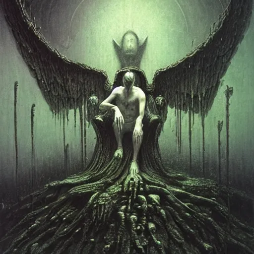 Image similar to fallen angel sitting on a throne in a dark temple, beksinski, wayne barlowe, adrian smith fantasy art, hr giger