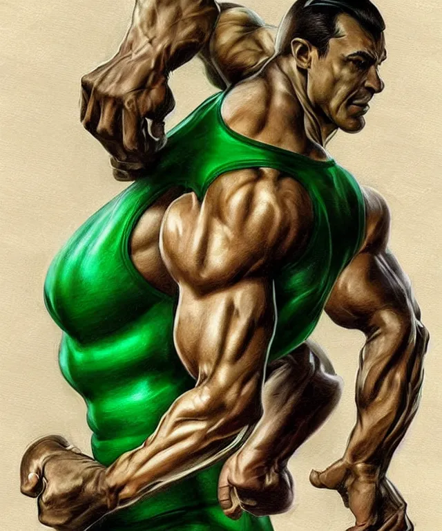 Image similar to muscular luigi wearing a green jumpsuit pumping iron in a dingy gym by ilya kuvshinov, bodybuilder ernest khalimov, super mario bros symmetrical face concept art, hyper realistic, intricate, elegent, highly detailed, digital painting, concept art, smooth, sharp, focus, illustration, art by artgerm and greg rutkowski and alphonse mucha, artstation