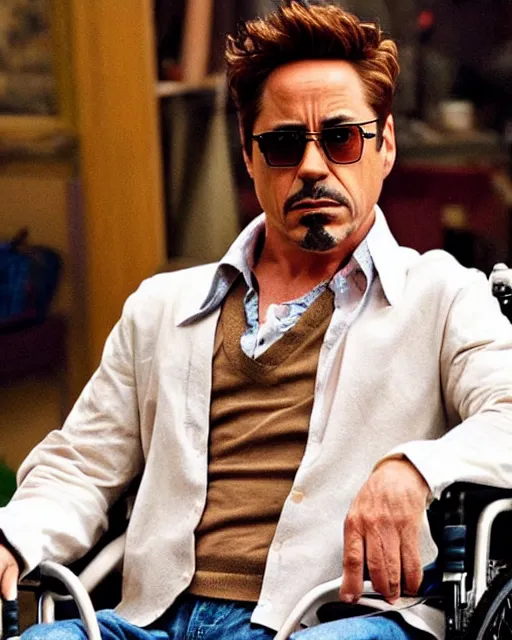 Image similar to robert downey jr. starring in weekend at bernie's. movie poster. comedic. cinematic lighting. robert downey jr. in a wheelchair.