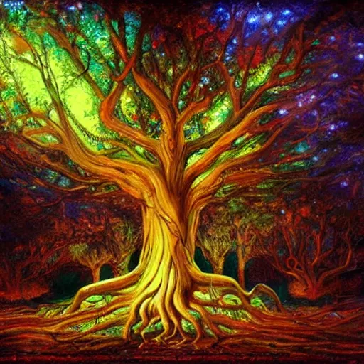 Prompt: A 100 year old ancient huge glowing tree, fantasy painting, lots of detail