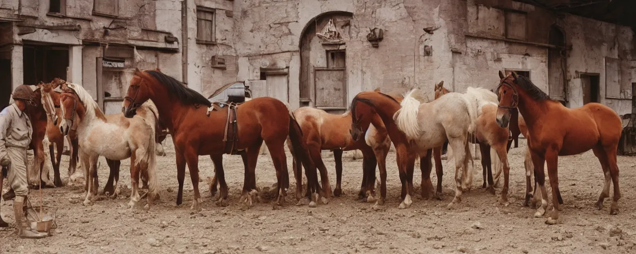 Image similar to horses eat spaghetti, world war 1, canon 5 0 mm, kodachrome, in the style of wes anderson, retro