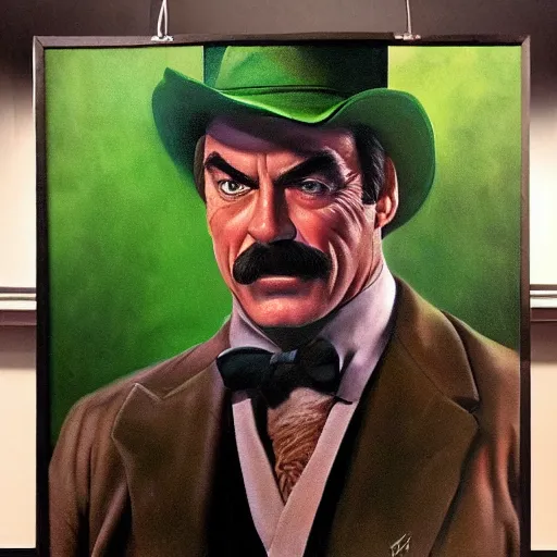 Image similar to ultra realistic head and shoulders portrait painting of tom selleck as the riddler, art by frank frazetta, 4 k, ultra realistic, highly detailed, epic lighting