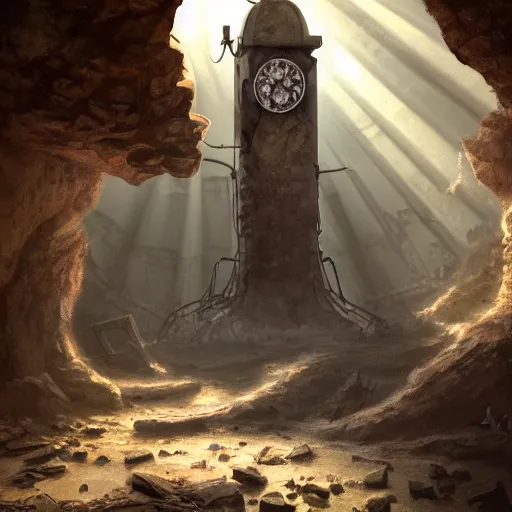 Prompt: an abandoned old,rusty, clock tower in a dark enormous cave, painting, illustration, Concept art, art station , 4k, perfectly balanced light, digital art, unreal