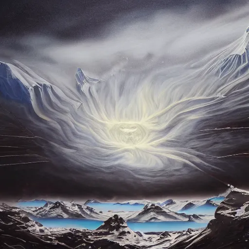 Image similar to menacing presence trailblazer Antarctica glacial cult incomprehensible topology ambience, realistic fantasy, oil painting, extremely high detail, photorealistic, cinematic lighting, oil painting, intricate line drawings, 4k resolution