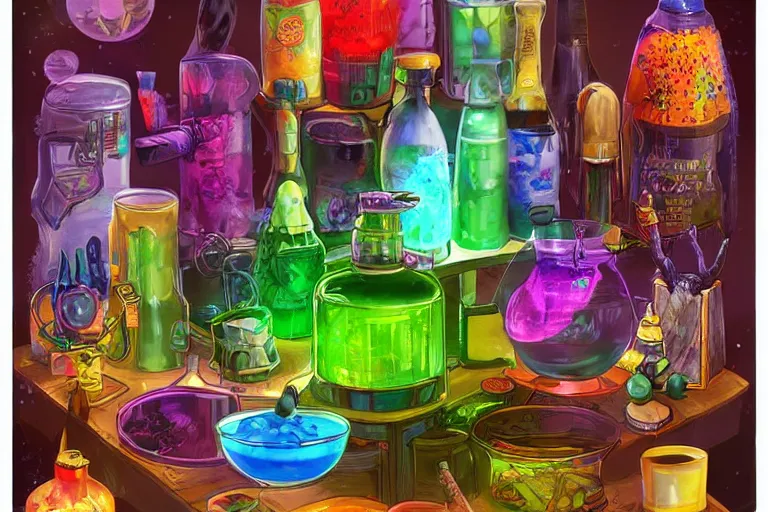 Image similar to a small rack filled with five colorful glowing concoctions, magical potions, fantasy artwork, featured on artstation