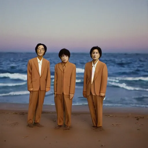 Prompt: a group of japanese men wearing beige suits standing in the ocean, sunset, ((yellow magic orchestra)), ((tatsuro yamashita)), album cover, 1981, grammy award winning