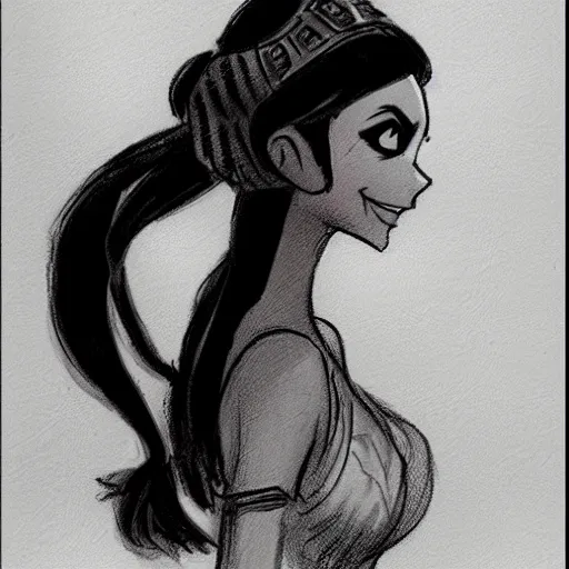 Image similar to milt kahl sketch of victoria justice with done up hair, tendrils covering face and ponytail as princess padme from star wars episode 3