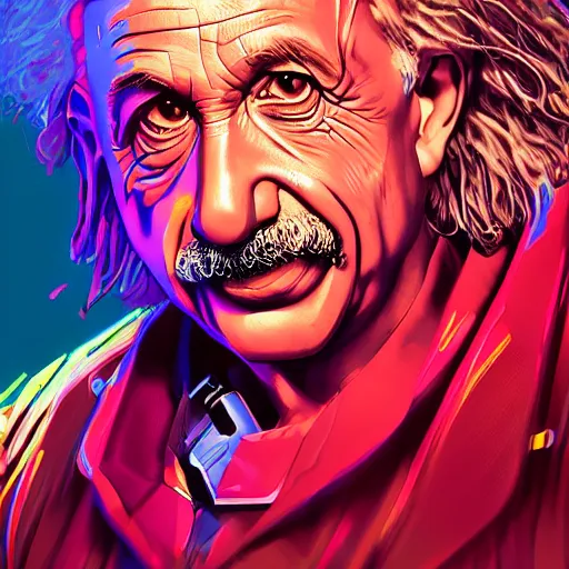 Prompt: beautiful hyper detailed illustration, high detailed portrait of albert einstein, cyberpunk2077, cyberpunk, neon, light, artstation, digital illustration