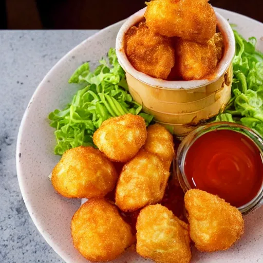 Prompt: food photo of channing tatum's face as giant tater tot on a plate with ketchup