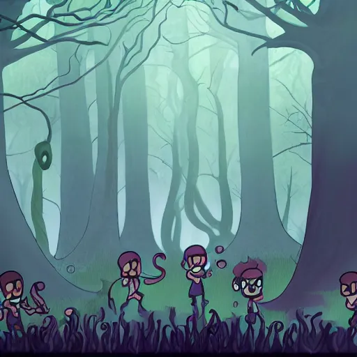 Image similar to a group of people standing in a dark forest, attacked by tentacles, concept art, 2 d game art