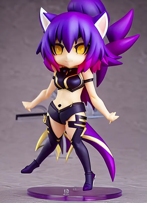 Image similar to arty kda ahri from league of legends nendoroid full body hyperdetalied, hero action pose, osamu tezuka, macoto takahashi, chibi, q posket, 8 k realistic, 3 d, cryengine, exquisite, two hands, focus, symmetrical face, artstation, frostbite 3 engine, cryengine