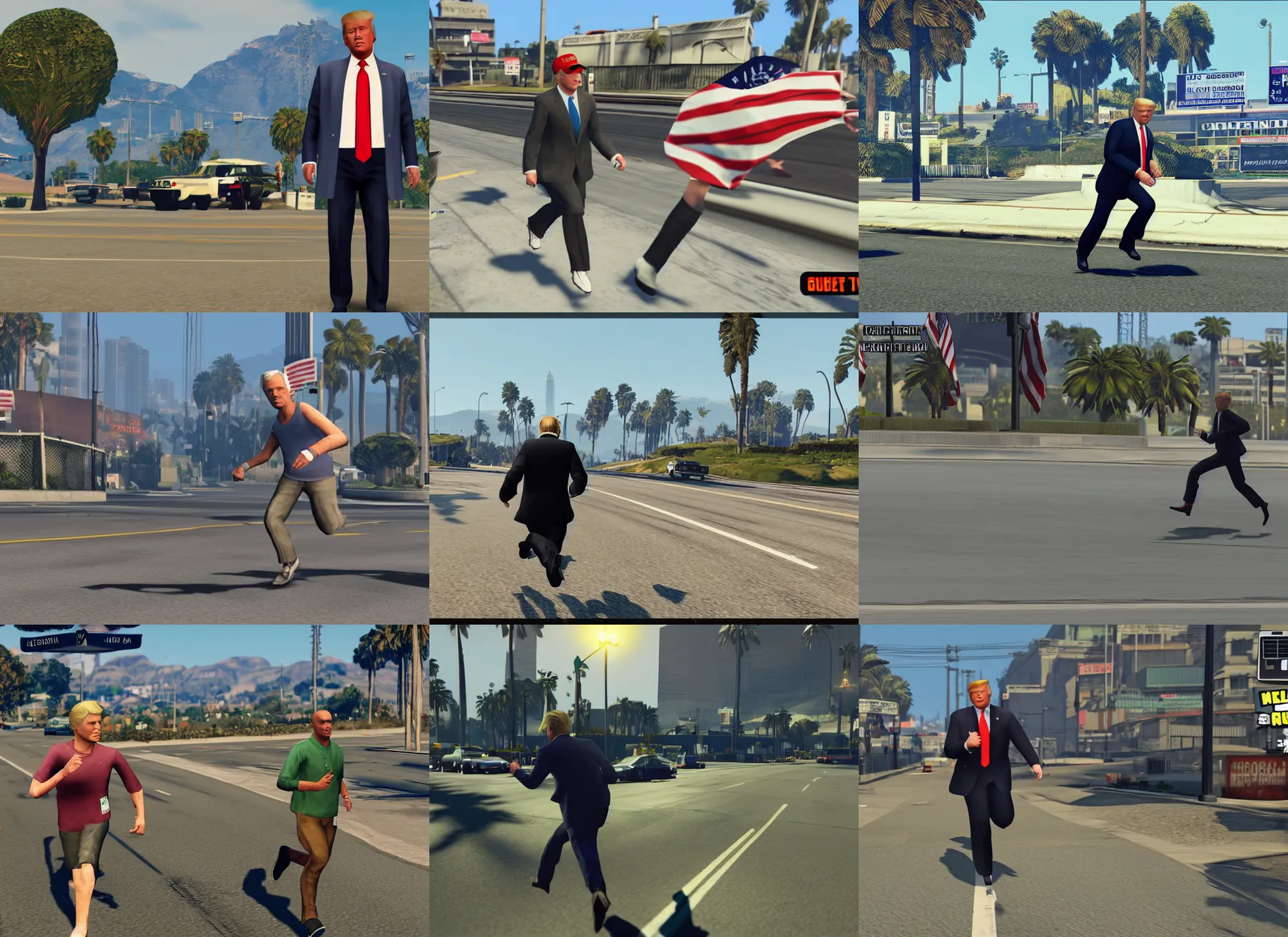 Prompt: Donald Trump running, game, screenshot , GTA5