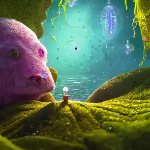 Prompt: tiny spells, vegetation, expressive eyes, floating, rbc, radiolaria, protophyta, micro - organisms, center frame, symmetric, rim light, marine microbiology, bioluminescence, electric, fur, soft, concept art, intricate details, highly detailed, colorful, photorealistic, disney pixar, octane render, iridescent, anime, 8 k