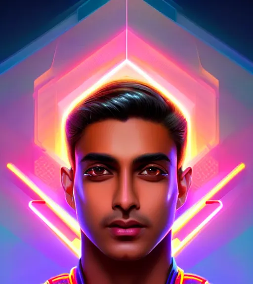 Image similar to symmetry!! indian prince of technology, solid cube of light, hard edges, product render retro - futuristic poster scifi, lasers and neon circuits, brown skin handsome indian prince, intricate, elegant, highly detailed, digital painting, artstation, concept art, smooth, sharp focus, illustration, dreamlike, art by artgerm