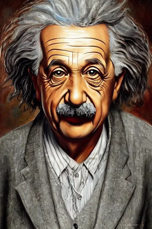 Image similar to intricate smooth color portrait of albert einstein in the style of daniel merriam, 8 k octane beautifully detailed render