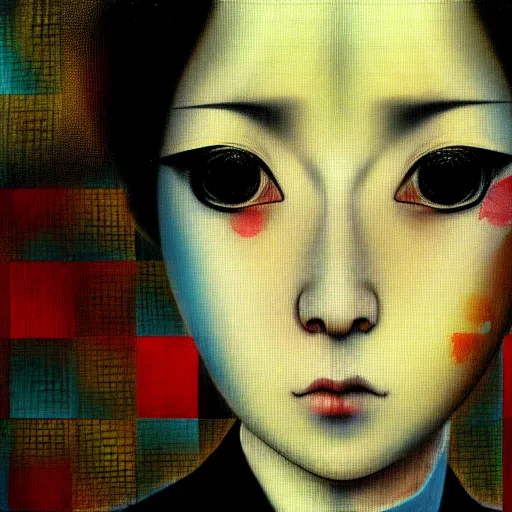 Image similar to yoshitaka amano blurred and dreamy realistic three quarter angle portrait of a young woman with black eyes wearing dress suit with tie, junji ito abstract patterns in the background, satoshi kon anime, noisy film grain effect, highly detailed, renaissance oil painting, weird portrait angle, blurred lost edges