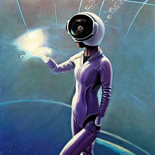 Prompt: woman in flight suit plunging into an abyss, bubbles, currents, dyson sphere, wet reflections, prism, atmospheric, ambient, pj crook, syd mead, livia prima, artgerm, greg rutkowski, nick alm, casey baugh