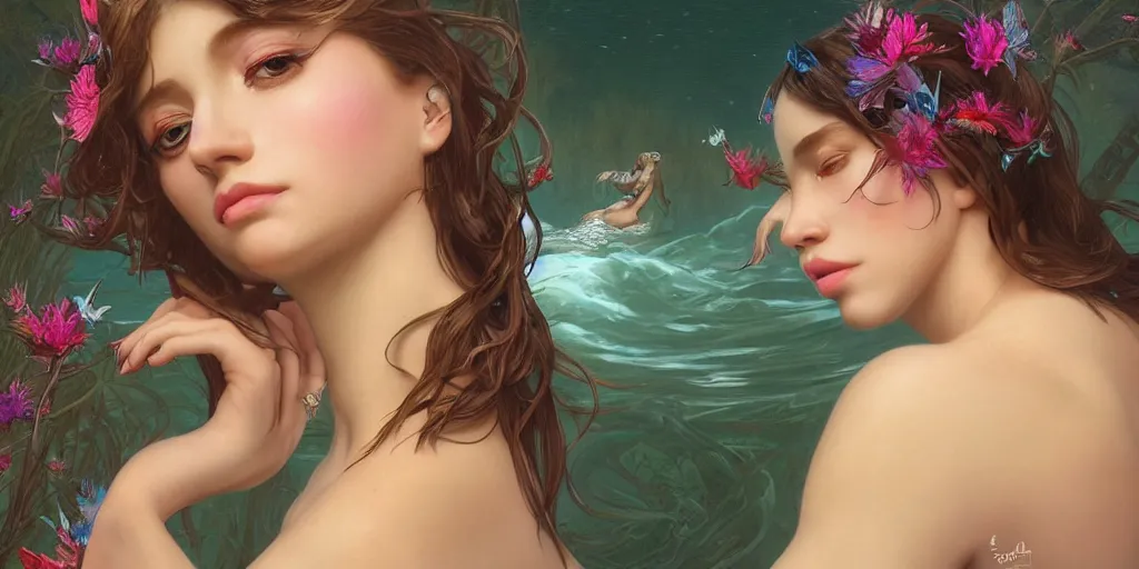 Prompt: beautiful, young woman, extremely detailed gorgeous face, sad eyes, mermaid, tall thin, sexy body, fantasy background, tears, vaporwave aesthetic, synthwave, photo-realistic face, digital, flowers, butterflies, birds, painting, artstation, concept art, smooth, sharp focus, illustration, art by artgerm and greg rutkowski and alphonse mucha