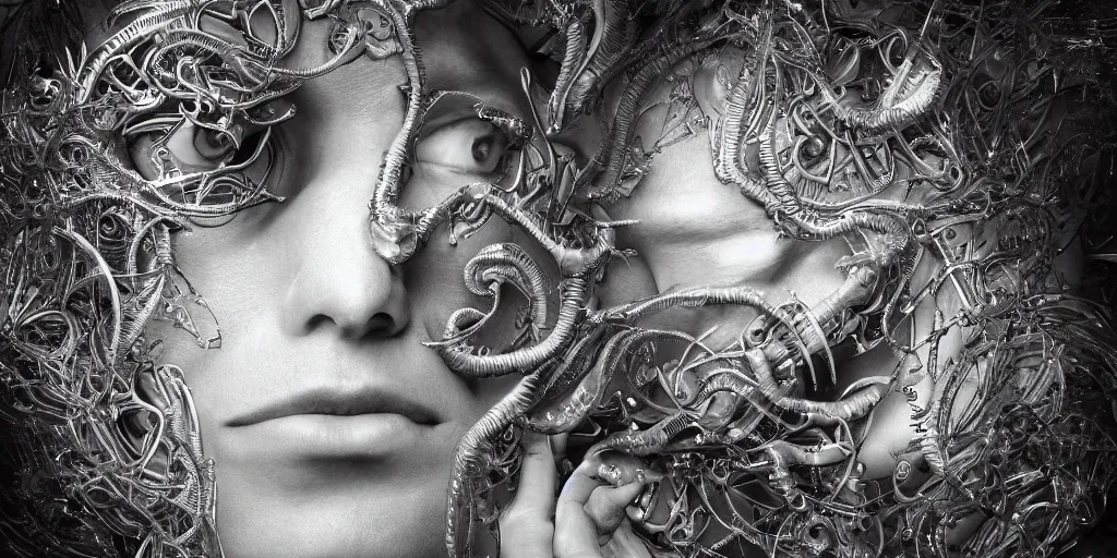 Image similar to hyperrealistic photography of a stunningly beautiful cyborg male, consciences being installed sci - fi, intimate, intricate filigree, fibonacci, in the style of beth cavener, jin kagetsu, and wlop, highly detailed, chrome face symmetry, masterpiece, award winning, sharp focus, concept art, high key, ambient lighting, 8 k, octane render,