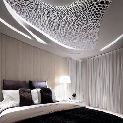 Image similar to a cozy bedroom decorated by zaha hadid, detailed, high resolution, wow!, intricate