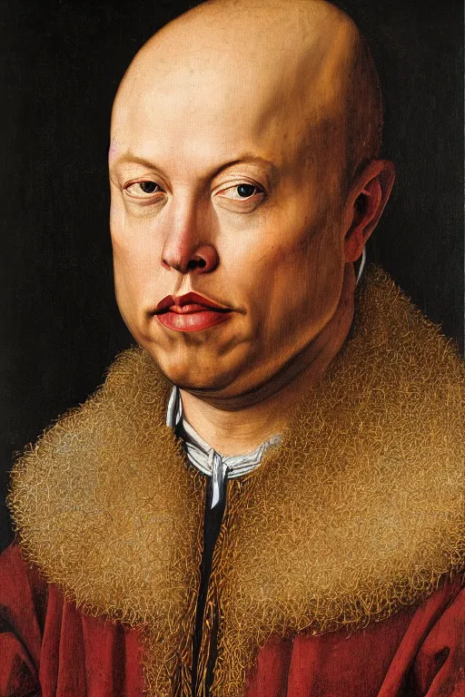 Image similar to renaissance 1 6 0 0 portrait of elon musk, oil painting by jan van eyck, northern renaissance art, oil on canvas, wet - on - wet technique, realistic, expressive emotions, intricate textures, illusionistic detail