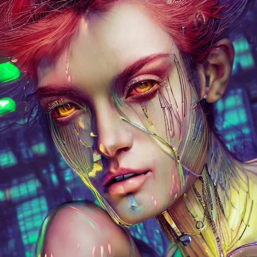 Image similar to the portrait of an absurdly beautiful, graceful, sophisticated, fashionable cyberpunk gravure idol, an ultrafine hyperdetailed illustration by kim jung gi, irakli nadar, hanna moon, cy twombly, intricate linework, bright colors, collage, porcelain skin, unreal engine 5 highly rendered, cgsociety, global illumination, radiant light, detailed and intricate environment