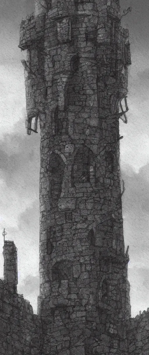 Image similar to gloomy illustration of a high medieval tower with dark stones, artstation