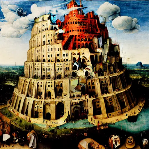 Prompt: the tower of babel and sin, the ground is a flat white expanse by hieronymus bosch, masterpiece, detailed, sharp focus