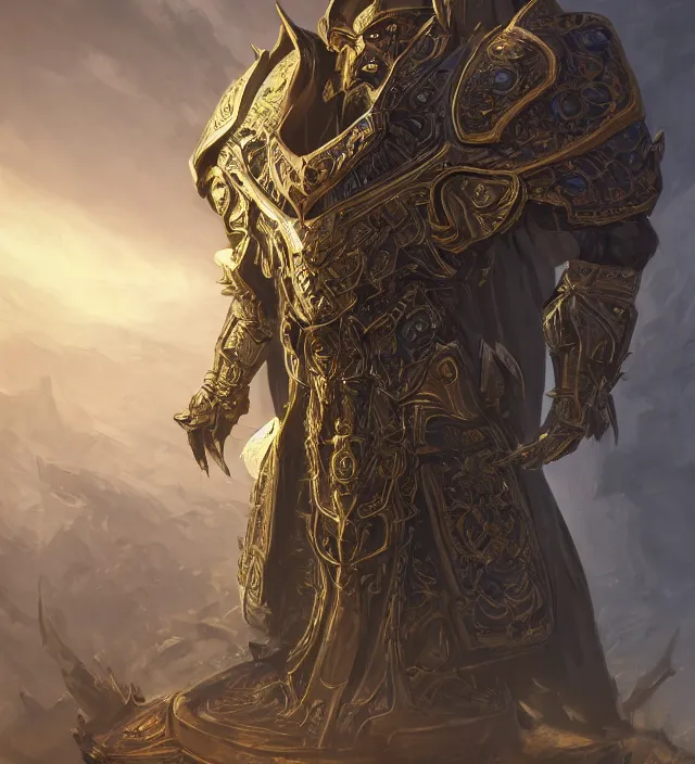 Prompt: a warlock wearing nemesis armor, portrait, intricate ornate armor, subject in the middle of the frame, rule of thirds, golden ratio, elegant, digital painting, octane 4k render, zbrush, hyperrealistic, artstation, concept art, smooth, sharp focus, illustration from world of warcraft by Ruan Jia and Mandy Jurgens and Artgerm and William-Adolphe Bouguerea