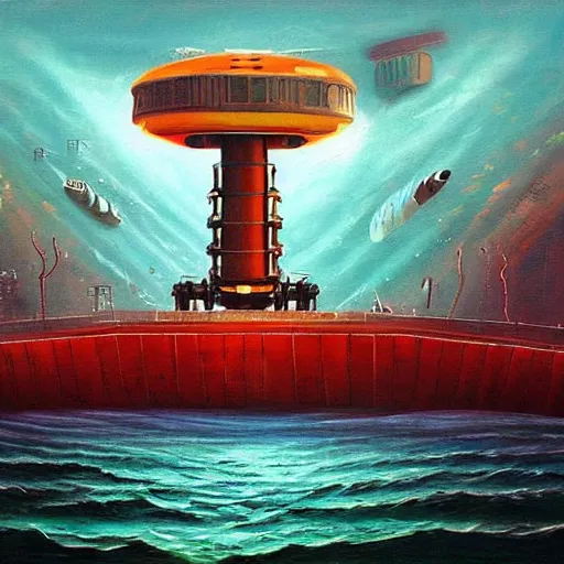 Image similar to beautiful painting of a giant mechanical theatre under the ocean in the style of Simon Stålenhag and H. R. Giger