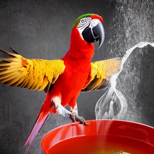 Image similar to parrot flying above the pot with boiling water, Soviet style kitchen background, realistic