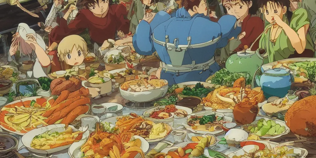 Image similar to A feast for the whole kingdom, very detailed, anime, Delicious, Plump, Juicy, Hot Food, large white border, hd, high resolution print :1 by Hayao Miyazaki, Nausicaa, studio Ghibli style, Anime wallpaper, cell shading, trending on deviant art :1