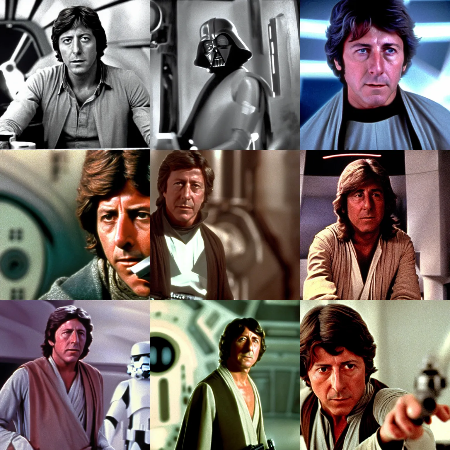 Prompt: A still of Dustin Hoffman in Star Wars, 35mm film, 1977