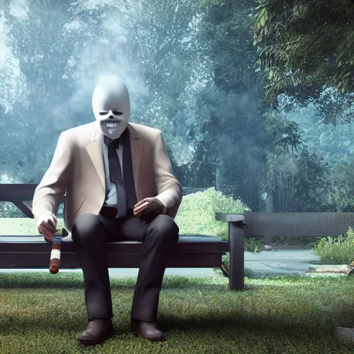 Image similar to Slenderman smoking a cigarre and talking with a grumpy Old Man, Superrealistc, 4k, HD, Unreal Engine, Raytracing, Photorealistic